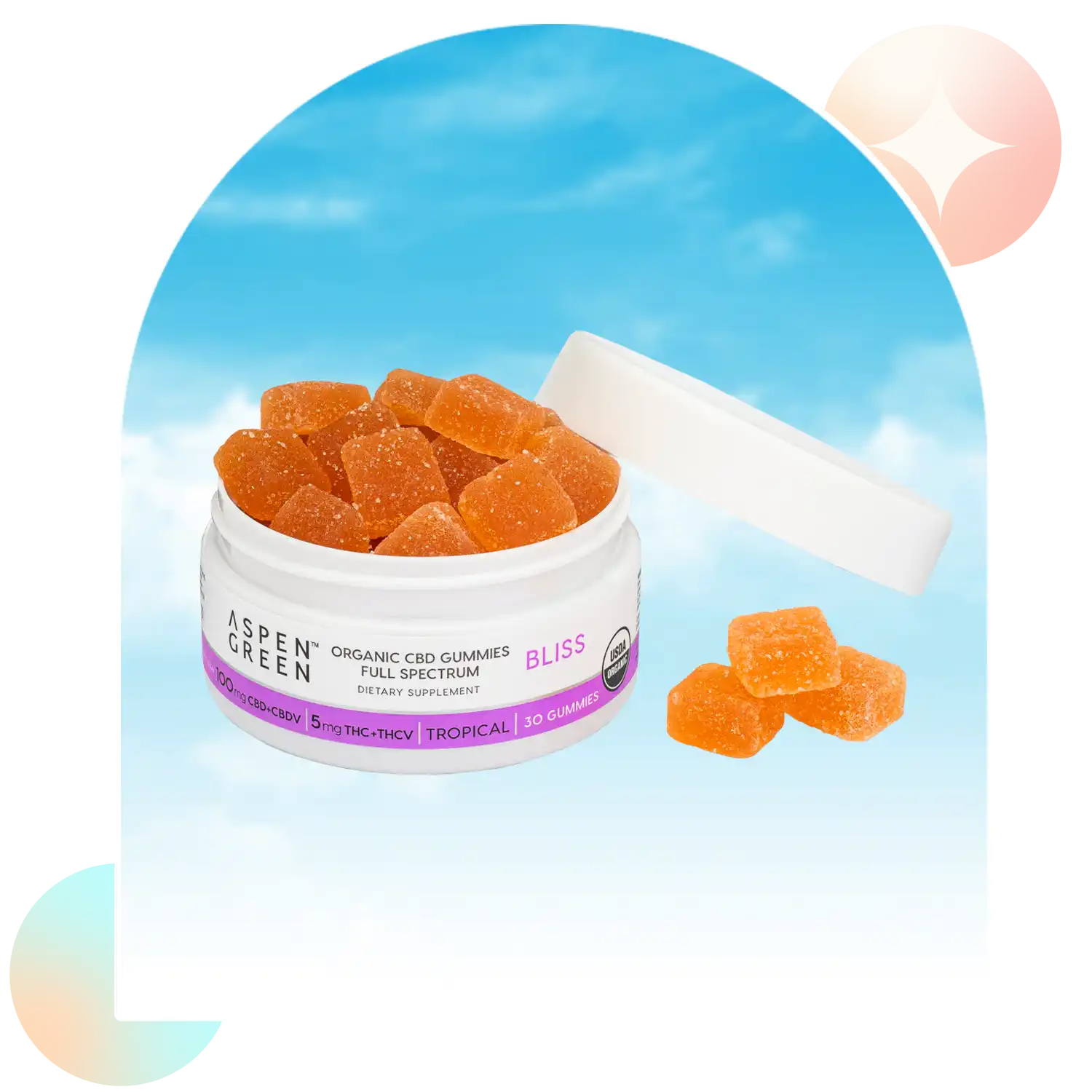 Aspen Green Bliss Organic Cbd Gummies Open Jar Front 3 Gummies Clouds 1