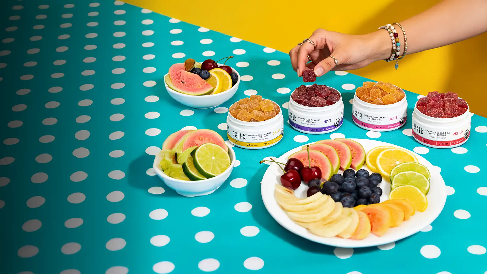 Aspen Green Cbd Gummies Retro Polka Dot Table Fruit